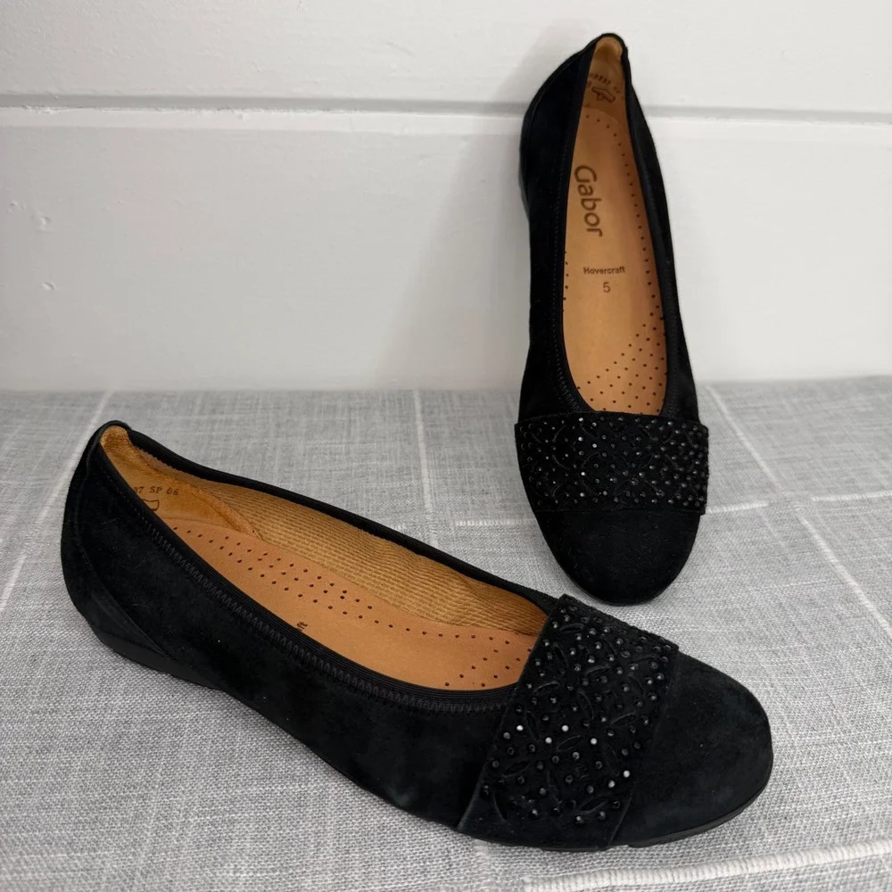 Gabor US 7.5 Black Flats Suede Laser Cut Rhinestone UK 5 Hovercraft‎ Sole